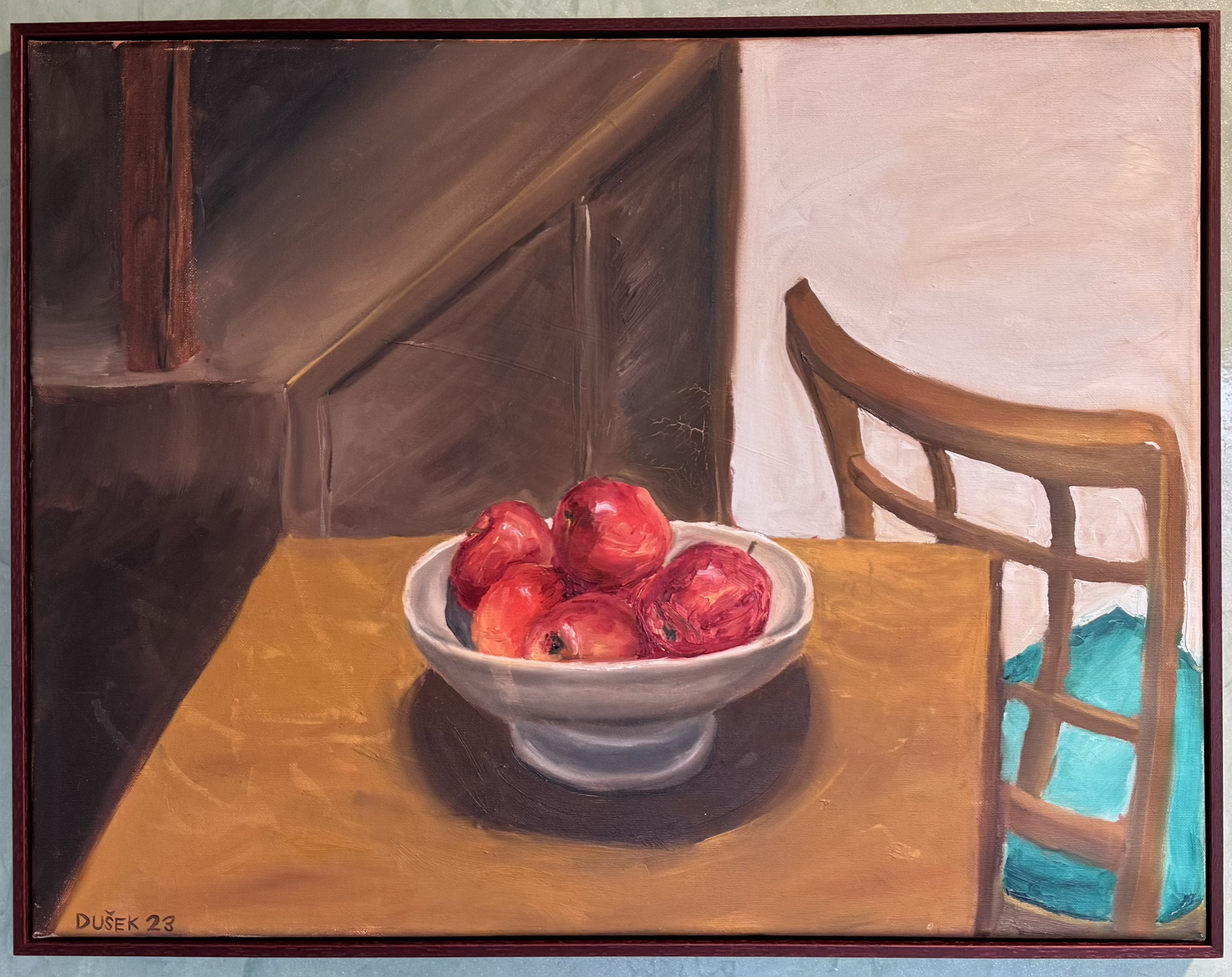 Zátiší s jablky a židlí